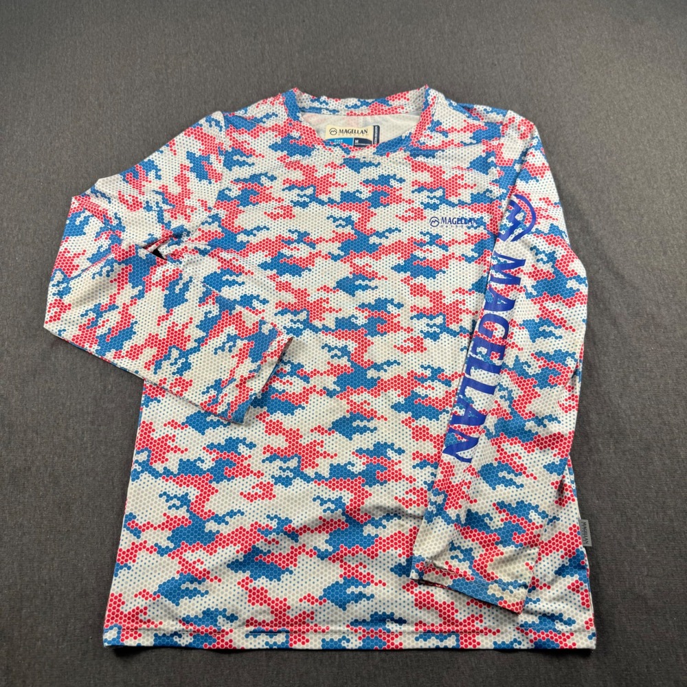Magellan Outdoors Kids M Red‎ White Blue Hex Camo Fish Gear Long Sleeve Shirt - Picture 2 of 10